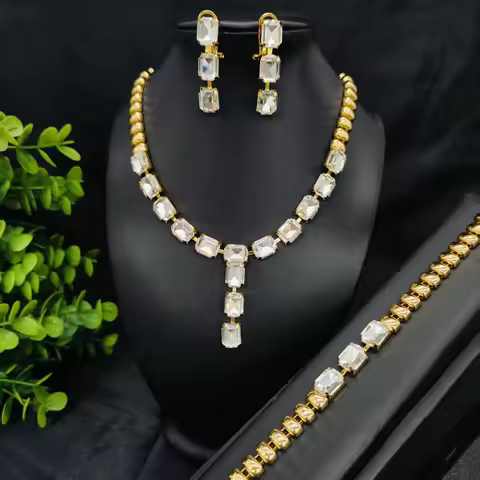 Gifts tailor Full Diamond Minimalist Earring Bracelet Necklace 3-Piece Set for women filled 24K Gold
