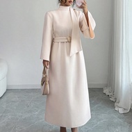 Women's Apricot Wool Blend Stand Collar Cinched Waist Waist A-Line Midi Dress With Flared Sleeves, E