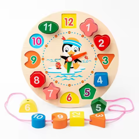 Children's Wooden Clock Puzzle Toys Cognitive Numbers Clock Educational Early Learning Threading Ass