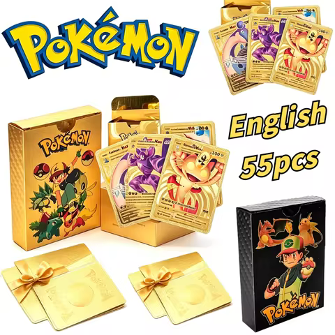 55PCS English Pokemon Metal Cards Gold Vmax GX Charizard Arceus Mewtwo Pikachu Toys Collectible Card