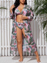 SHEIN Swim Curve Conjunto De Traje De Baño De 3 Piezas Con Estampado De Plantas Tropicales Para Mujeres De Talla Grande, Traje De Baño Bikini Con Falda Cubierta Para Traje De Baño En La Playa, Atuendo De Verano Para Vacaciones