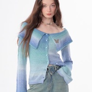 ziziFei秋冬復古一字肩娃娃polo領露肩喇叭袖針織上衣開衫外套女