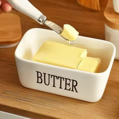 Ceramic Butter Container Box Restaurant Sealed Storage Box Cheese Box with Knife Bamboo Lid Butter S