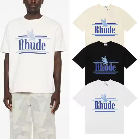 New High Quality Men's Women's Casual Loose RHUDE Short Sleeved Summer Eagle Letter Print Simple Cot