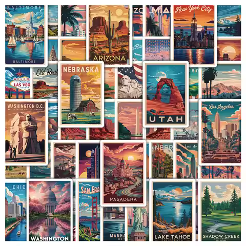 50Pcs Retro American Landscape Poster Stickers Decals For Laptop Scrapbook Luggage Guitar Helmet DIY