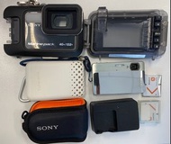 Sony TX5 相機（銀綠色）及原廠防水箱及配件，含兩塊原廠電池，充電器，4GB記憶卡。相機有水底拍攝mode，日本製造。