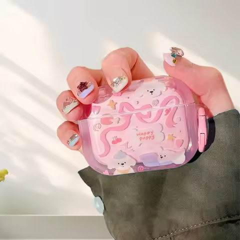 Cute Dog Pink Transparent Protective Case For AirPods 3 4 With Keychain Bluetooth Earphones Protecti