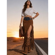 Women's Faux Suede Skirts High Waisted Bodycon Vintage Boho Denim Patchwork Fringe Maxi Skirt for We