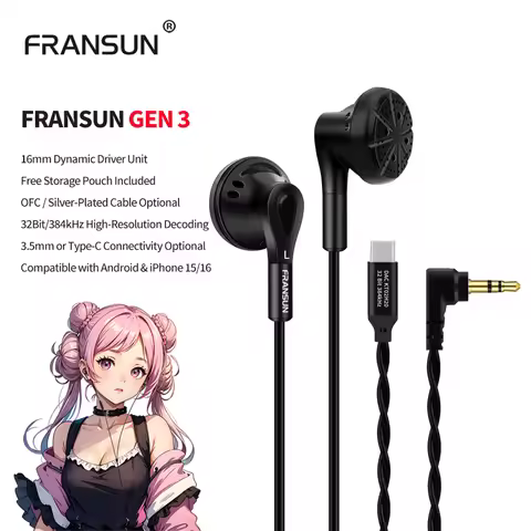 Fransun Gen 3 YD900 Flat Head 16mm Dynamic Earphone HiFi Earbud 3.5mm Type-C In Ear Headphones for A