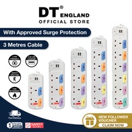 DT England 3M Extension Socket Cord With 2 USB , Approved Surge Protection , Safety Mark , 2 Pin Friendly ( 3 Metre )