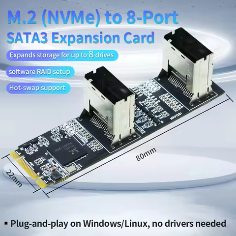 8-Port M.2 PCIe 3.0 X2 to SATA Expansion Card 6Gb/s SATA Adapter NCQ Hot-Swap for 2.5/3.5' HDD/SSD W
