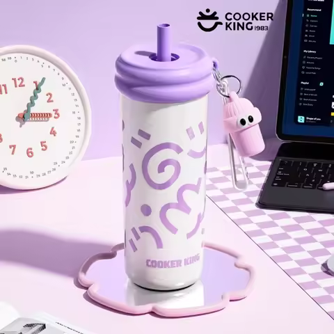 COOKER KING 600ml Insulated Cup with Tea Strainer Straw Thermos Cup Stainless Steel Vacuum Flask Gir