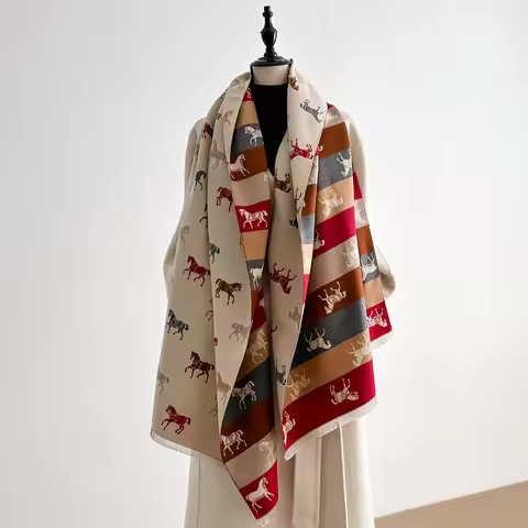 Latest Design Elegance Horse Print Scarve Pashmina Soft Warm Fringe Pashmina Shawl Winter Coldproof 
