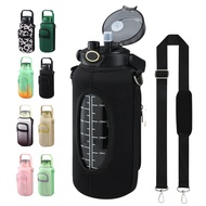 Half Gallon 64oz Glass Water Bottle with Straw and Storage Sleeve Motivational Water Bottle with Str