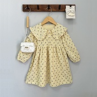 Bear Leader Autumn Beige Cute Doll Neck Girls Casual Dresses Bow Print Long Sleeved Dress Fashionabl