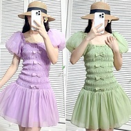 Lady dress with fluttering sleeves and gentle bow - M119 Silk Chiffon Dress A-Line Mini Dress