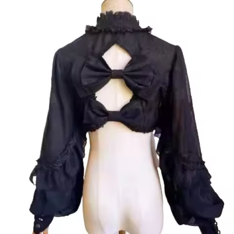 Sweet Lolita Cardigan Short Tops Women Cropped Shrug Ruffle Outwear Lace Sheer Long Sleeves Bolero B