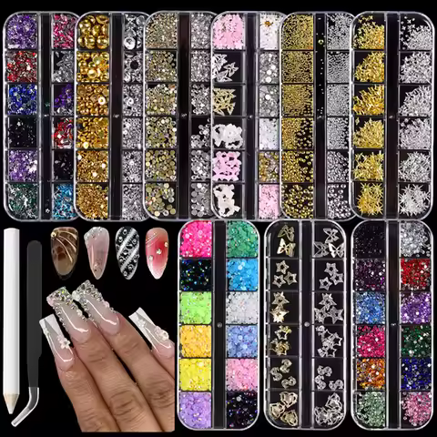 9Box Nail Art Decorations Set 12 Boxes - 3D Metal Charms,Rhinestones,Glitter Sequins, Nail Gems, Sta