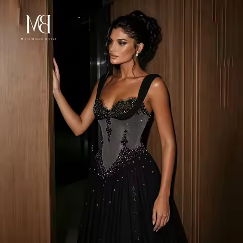 MB Black Evening Dress Sweetheart Neck Beaded Corset Pleated A Line Floor Length Formal Party Gown W