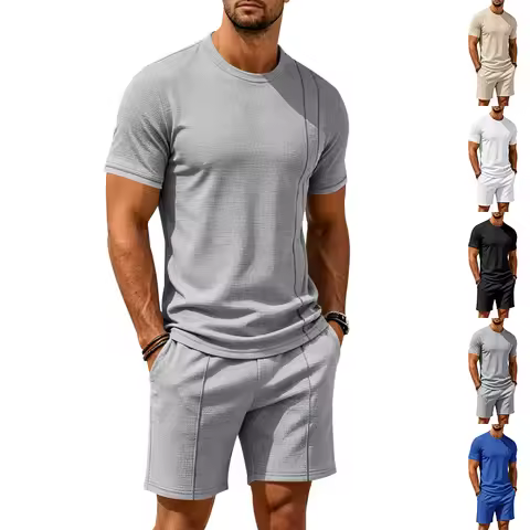 Men's Summer Waffle 2PCS Outfit, Crew Neck Tee & Shorts Loose Ins Style, Hot Casual Loungewear For E
