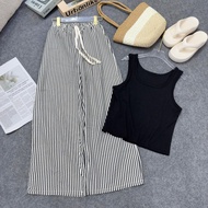 Women's big size Set of striped wide-leg pants + loose black tank top, cool to wear in summer 50-95k