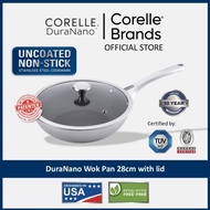 CORELLE DuraNano 28cm Wok Pan with Lid - Uncoated Non-Stick Stainless Steel Cookware (10 YR Warranty