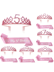 2入組女孩5,6,7,8,9,10,13,16,18和21歲生日裝飾,包括生日皇冠和腰帶。 生日派對用品,女性生日禮物（粉色）
