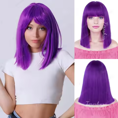 Synthetic Short Purple Straight Bob Wig with Bangs for Women Shoulder Length Wig for Daily Party, En