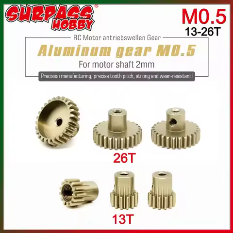 M0.5 Aluminum Pinion Gear 14T 16T 18T 20T 22T 24T 13T-26T 0.5M 2mm Shaft for 1/28 1/24 RC Mini Car 2