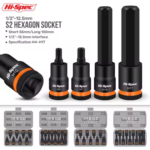 Hi-Spec 1/2 Inch Drive Impacts Socket Set Hex Bits, Air Allen Driver H4-H17 Size Chrome Sockets Set 