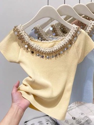 Bohemian vỏ một bên vai áo Đan Áo phông ngắn tay của phụ nữ mùa hè Áo ôm