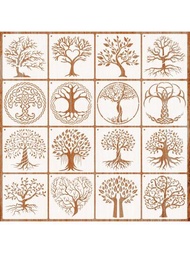 16入組5.9英吋樹形模板，樹象圖案可用於在木材、氣動畫筆和天然植物上繪畫，小棕櫚樹畫圖模板適用於畫布、牆壁、地板的裝飾，DIY藝術工藝及裝飾用途