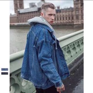 ️🇺🇸歐美嘻哈風寬松假兩件牛仔連帽落肩夾克外套