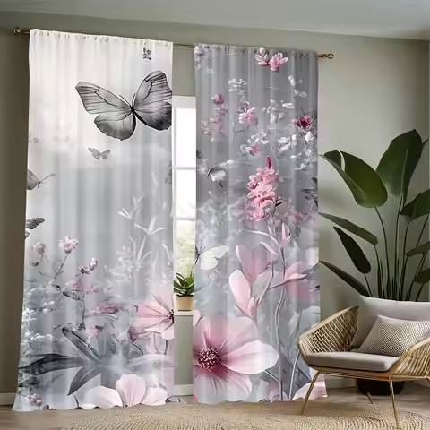 35x90in*2pcs, 2pcs Art Deco Style Blackout Curtains, Grey Sky & Pink Floral Design, Semi-Sheer Polye