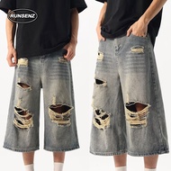 M-5XL American Vintage Ripped Capri Jeans Men Women Casual Baggy Plus Size Denim Shorts Unisex
