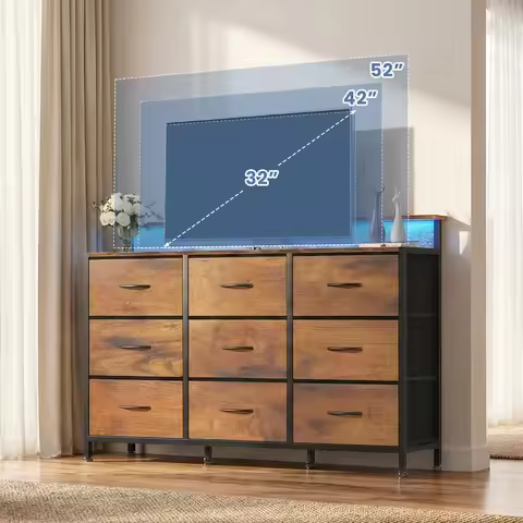 MCQ Living Room TV Stand Cabinet For 32-52 inch 9 Fabric Drawers Wood Top Media Console with Storage