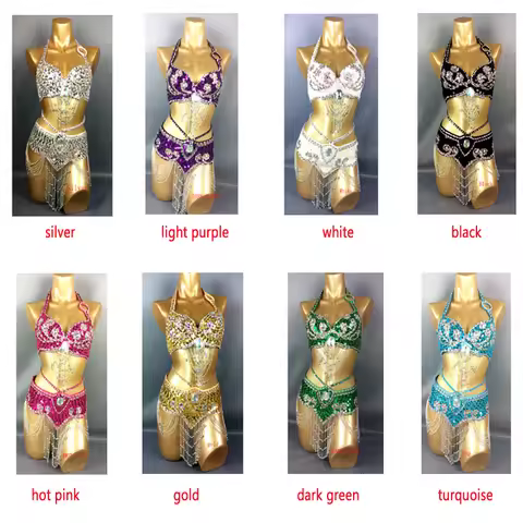 Hot Selling Women Beaded Sequins Belly Dancing Suite Belt+Bra Samba Costumes Club USA Bra Size 34B,3
