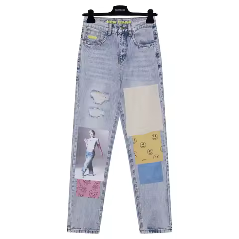 Drew House New Men Crystal Holes Ripped Patchwork Jeans Streetwear Light Blue Denim Slim Skinny Penc