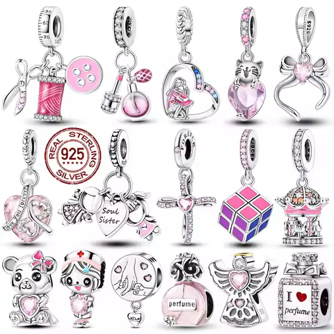 Pink Series Heart Angel Perfume Bottle Charm Beads Fit Original 925 Silver Bracelet Charm Pendants D