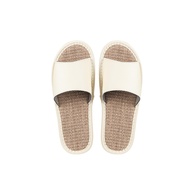日本霜山 日式頭層牛皮亞麻底防滑室內拖鞋/ 米白25cm(36-37)