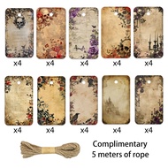Vintage Dark Floral Blank Tags Blox Fruit Sticker 40pcs Sticker Book DIY Gift Labels With Hemp Rope