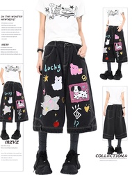 MZVZ | Cartoon Embroidery Denim Shorts Capri 7 Points