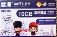 中國聯通 歐洲30日上網卡 10GB