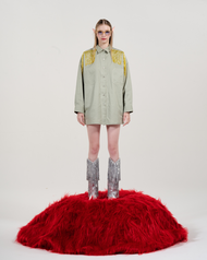 The SRT X13 Sugarcane Shirt (TBL226) - เสื้อเชิ้ตโอเวอร์ไซส์ลายจุด ผ้าลูกฟูก ดีเทลกระเป๋าตรงอก ติดโล