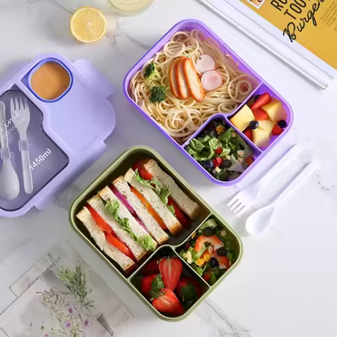 Colorful Bento Lunch Box for Kids Microwaveable Cute Design 3-Grid Food Container with Tableware Foo