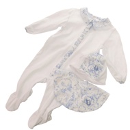 近新 Dior Baby Toile de Jouy 連身衣、圍兜和帽子套裝（純棉，白色和藍色，0369）[二手] Dior