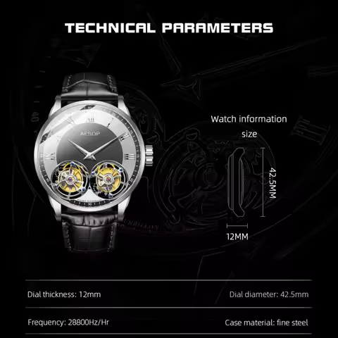 Aesop Double Tourbillon Men's Watch Hand Winding Movement Sapphire Business Fashion Waterproof Male 