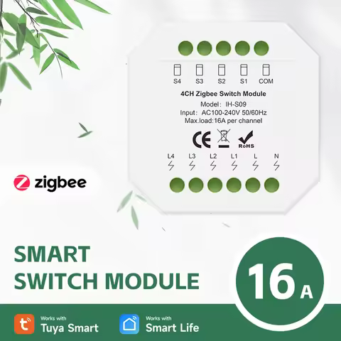 Tuya 1-4CH Zigbee Smart Switch Module 16A IH-S09 AC100-240V Home Automation Remote Control for Light