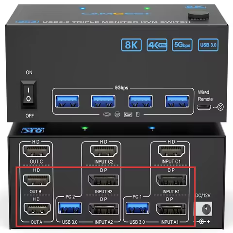 USB 3.0 Dual/Triple Monitor KVM Switch HDMI+Displayport 8K@60Hz 4K@144Hz,2 /3 Monitors 2 Computers S