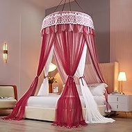 Princess Bed Canopy for Girls Bed Canopy Curtain Double Layer Sheer Mesh Dome Bed Curtain Round Lace Princess Mosquito Net Tent with LED String Lights for Single to Double Bed, Claret